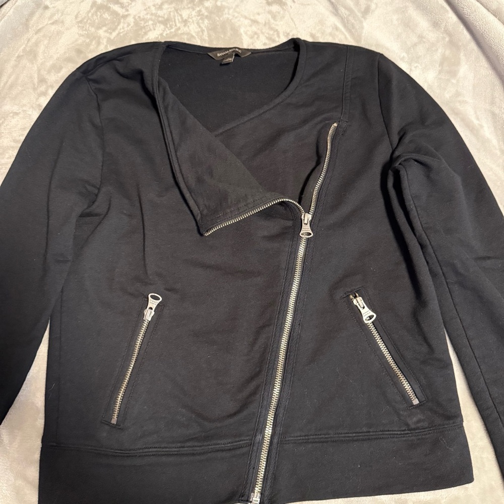 BANANA REPUBLIC Diagonal Zip Round Neck‎ Black Knit Sweater Jkt Size Small
